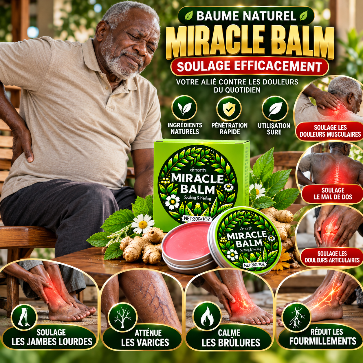 MIRACLE BALM – SOULAGE VARICES, JAMBES LOURDES, DOULEURS ET BRÛLURES AUX PIEDS, DOULEURS ARTICULAIRE, NEUROPATHIE DÈS LA PREMIÈRE APPLICATION